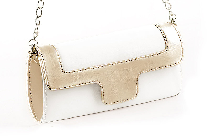 Handcrafted women's elegant clutch in premium pure white and gold leather. Perfect for weddings, ceremonies, and parties.  
                Choose from our luxurious collections of leather and fabric to perfectly match your clutches to your outfits.